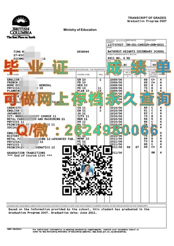 加拿大高中毕业证样本、文凭参考、学位证、成绩单图片）